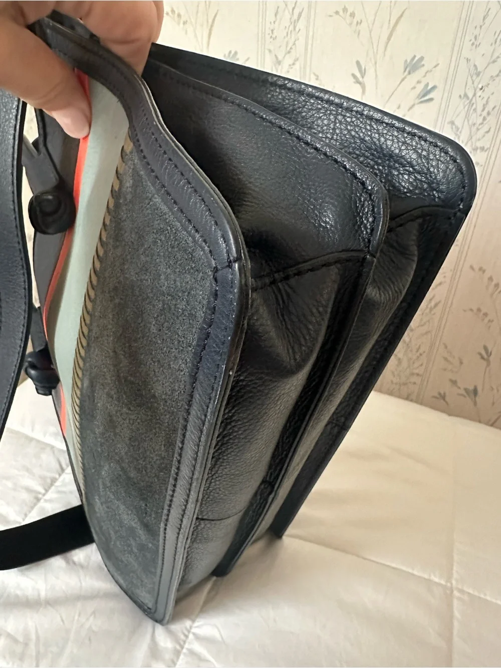 Fossil Navy, Gray & Coral Leather Satchel